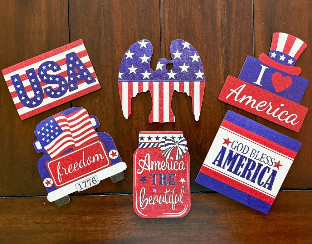Patriotic 4th of July Wooden 6pc Red, White, & Blue Tray/Table Decor